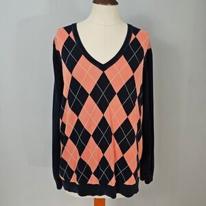 Tommy Hilfiger Argyle Sweater V-Neck Coral Navy Blue Pima Cotton XXL